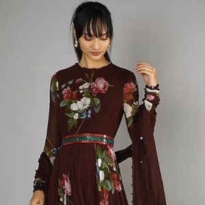 MAHIMA MAHAJAN: Brown Printed & Embroidered Dress